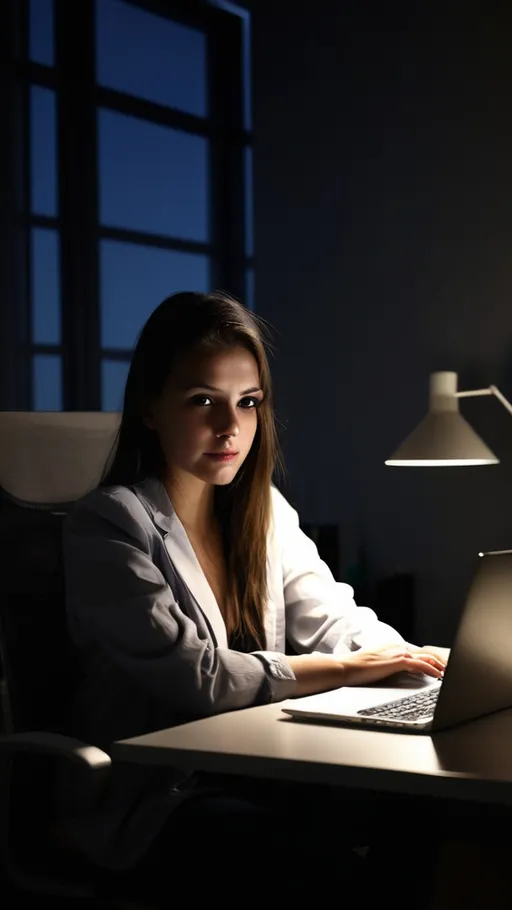 Prompt: Generate an image of a girl sitting in an office in front of laptop at night with dim lighting 