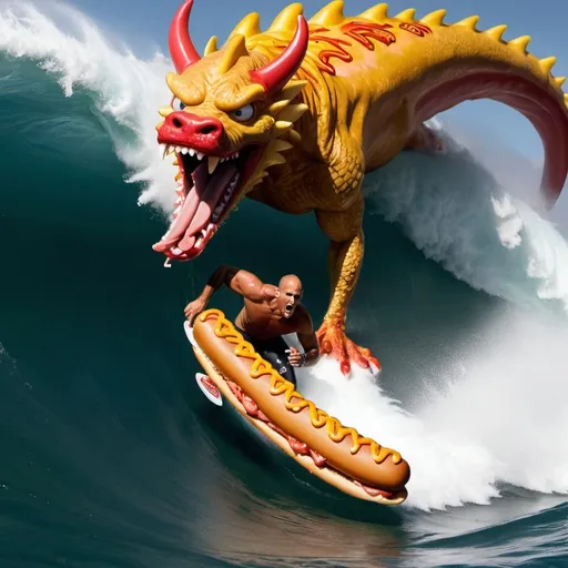 Prompt:  kelly slater surfing a huge wave while eating a hot dog with a dragon

