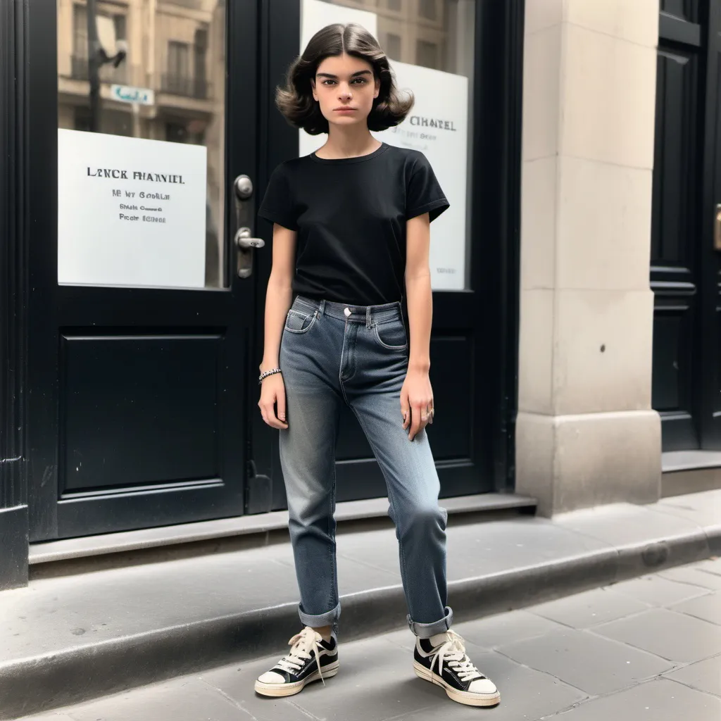 Prompt: A picture of young Coco Chanel wearing a black t-shirt with creww neck jeans and sneakers. full-body. facing forward wwith the body position also facing forward.. In colour. In street  style. 