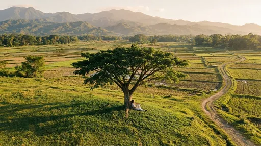 Prompt: Aerial drone shot circling around a lone Filipino man sitting under a tree in a rural Philippine landscape, wide rice fields, mountains in the background, peaceful countryside, cinematic aerial composition, golden hour light, nostalgic storytelling mood, ultra realistic, film look, soft contrast. Please maintain and use the same character and image in the reference
