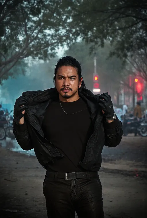 Prompt: @I1rgAZJHKEtBS93A366J Thordy as a hybrid character: a tactical vigilante with battle-damaged armor, subtle blood mist, and SWAT-level tactical gear, merged with an urban shadow agent aesthetic. He is standing beside a motocross motorcycle with dirt-covered tires, in a gritty environment blending off-road terrain and neon-lit urban streets. His real face, real skin tone, and real facial features are clearly visible — no helmet. His real body proportions, slightly stocky build, and 5'3 height are accurate and consistent. Intense eyes, confident expression. Add subtle heroic farmer elements: light dust on the clothing, earthy tones, a simple rope wrap or farming cloth attached to the belt, symbolizing his rural origins. Cinematic dramatic lighting, ultra-detailed textures, gritty realism, dark atmosphere with a soft warm glow that represents his good heart. Full-body shot, heroic stance, highly detailed, photorealistic