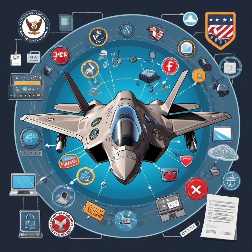 Prompt: Cartoon version of an F-35 on a patch with a lot of cyber security and physical security elements integrated