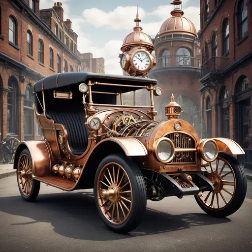 Prompt: Certainly! Here’s an English prompt for a stunning steampunk car:

“Create a detailed illustration of a stunning steampunk car. The car should have an ornate and vintage aesthetic, with visible gears, pipes, and steam mechanisms integrated into its design. Include brass and copper elements, intricate engravings, and leather upholstery. The car should exude a sense of adventure and retro-futurism, blending Victorian elegance with industrial innovation. The background can feature a bustling steampunk cityscape with airships and clock towers, enhancing the overall theme.