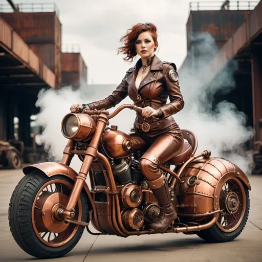 Prompt: A steampunk girl with leather clothes riding a retro futuristic motorcycle made of copper. Industrial environment of Bitirian era with steam and metal.