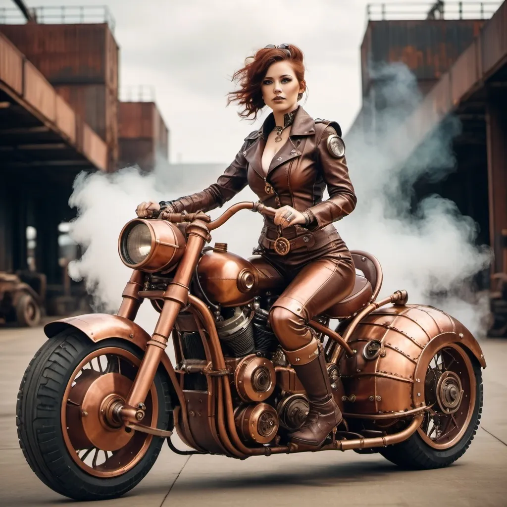 Prompt: A steampunk girl with leather clothes riding a retro futuristic motorcycle made of copper. Industrial environment of Bitirian era with steam and metal.