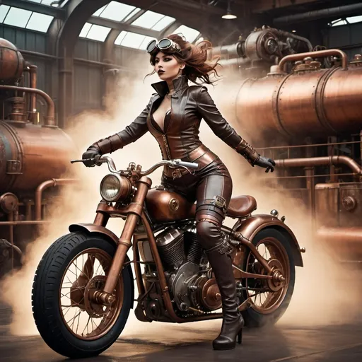 Prompt: A steampunk girl with leather clothes riding a retro futuristic motorcycle made of copper. Industrial environment of Bitirian era with steam and metal.