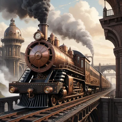 Prompt: “Illustrate a majestic steampunk locomotive crossing a grand viaduct. The locomotive should have a vintage, industrial design with prominent brass and copper elements, exposed gears, and steam vents. Include intricate details like ornate engravings, large smokestacks, and wheels with visible mechanical components. The viaduct itself should be an architectural marvel, with towering stone pillars and elaborate ironwork. The background can feature a breathtaking steampunk landscape, with elements such as airships, clock towers, and a sunset casting a warm glow over the scene.”