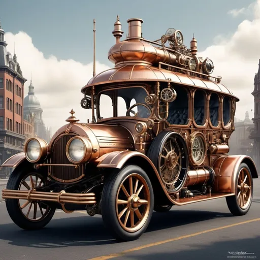 Prompt: Certainly! Here’s an English prompt for a stunning steampunk car:

“Create a detailed illustration of a stunning steampunk car. The car should have an ornate and vintage aesthetic, with visible gears, pipes, and steam mechanisms integrated into its design. Include brass and copper elements, intricate engravings, and leather upholstery. The car should exude a sense of adventure and retro-futurism, blending Victorian elegance with industrial innovation. The background can feature a bustling steampunk cityscape with airships and clock towers, enhancing the overall theme.