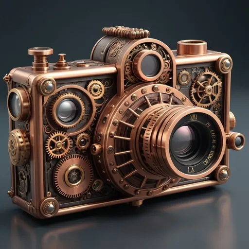 Prompt: 
“Create a detailed illustration of a steampunk digital camera. The camera should blend vintage and futuristic elements, featuring brass and copper materials with visible gears, cogs, and steam-powered mechanisms. Incorporate ornate engravings and leather accents, giving it an elegant yet industrial look. Include modern digital components such as a display screen and buttons, seamlessly integrated into the steampunk aesthetic. The lens should have an intricate design, with mechanical zoom and focus rings. The background can feature a rich steampunk setting, with elements like airships, clock towers, and Victorian-style architecture to enhance the theme.”
