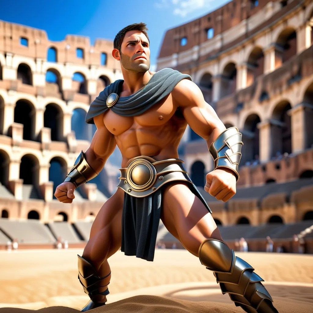 Prompt: gladiator stands nimble and alert in the vast arena of the Colosseum, bathed in the afternoon sun that casts dramatic shadows across the bloodstained sand. Wearing minimal armor, he holds a weighted net in one hand, its intricate cords ready to ensnare his foe, while in the other, he grips a three-pronged trident, its sharp points gleaming menacingly. His bare chest and limbs are muscular and lean, his movements quick and agile as he eyes his opponent with fierce concentration. The only armor he wears is a protective shoulder guard (galerus) on his left arm, designed to deflect blows. The crowd roars from the towering stone arches, their cheers and shouts echoing through the amphitheater as the Retiarius, a master of speed and strategy, circles his opponent, waiting for the perfect moment to strike. Dust swirls with every step as the intense atmosphere of the Colosseum pulses with anticipation.