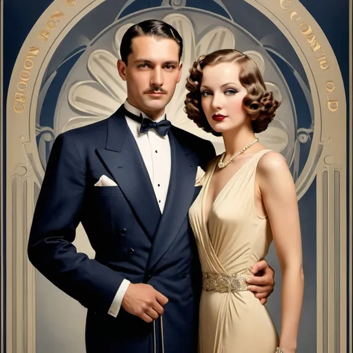 Prompt: A 1930s-style advertisement poster for "Canon Ball Pictures," a photography studio. The design features bold, streamlined Art Deco elements with a muted color palette, including shades of deep blue, gold, and cream. The central image depicts a glamorous Hollywood-style couple, elegantly dressed, posing in front of an ornate backdrop. The man wears a tuxedo and the woman a flowing gown with finger waves in her hair, reminiscent of the Golden Age of cinema. Below, in smaller text, it says, "Specializing in Portraits, Glamour and Fashion Shots" in a sleek, modern font typical of the 1930s. The overall vibe of the poster is luxurious and cinematic, evoking the allure and sophistication of the early film industry.