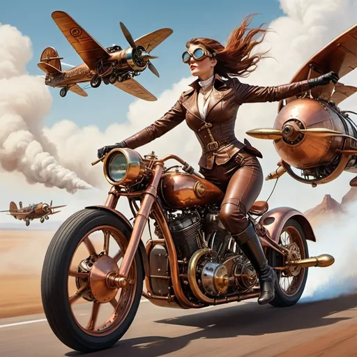 Prompt: In a copper and steam-filled landscape, a high-speed steampunk race unfolds between a motorcycle and a propeller airplane. The motorcycle, driven by a striking woman dressed in leather 
with brass goggles.