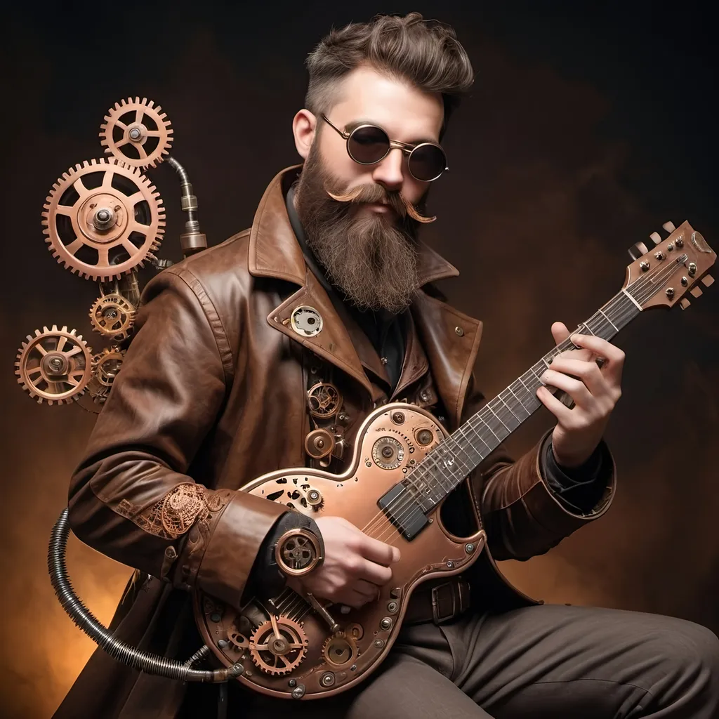 Prompt: A steampunk guitarist with a thick beard, dressed in a brown leather coat adorned with gears and aviator goggles on his forehead, plays a retro-futuristic electric guitar with copper accents. His fingers, equipped with mechanical rings, glide over the strings with mesmerizing precision. His face, framed by a bushy beard, wears a mysterious smile as wisps of steam escape from small devices attached to his instrument. Around him, the atmosphere is infused with an enchanting melody that blends Victorian past and a mechanical future.