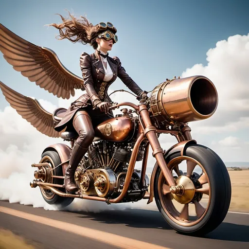 Prompt: In a copper and steam-filled landscape, a high-speed steampunk race unfolds between a motorcycle and a propeller airplane. The motorcycle, driven by a striking woman dressed in leather with brass goggles and intricate gear details, roars along a winding road. Above, a steampunk airplane with whirring propellers and gleaming brass wings swoops and dives, piloted by a daring aviator. Steam billows from both machines as they race neck-and-neck, their paths weaving through towering gears and mechanical marvels. The air is charged with the thrilling blend of Victorian elegance and futuristic innovation.