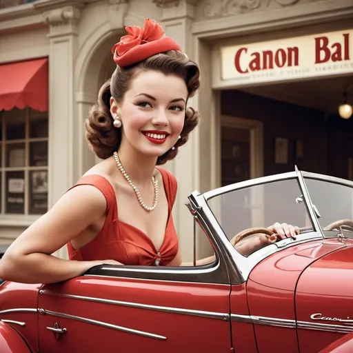 Prompt: A 1940s-style advertisement poster for the photography studio Canon Ball Pictures. The poster features a photographer capturing a glamorous starlet seated on the door of a convertible car. The starlet is dressed in a stylish outfit typical of the era, with a charming smile. The scene is vibrant and elegant, using bold, retro colors and typography.