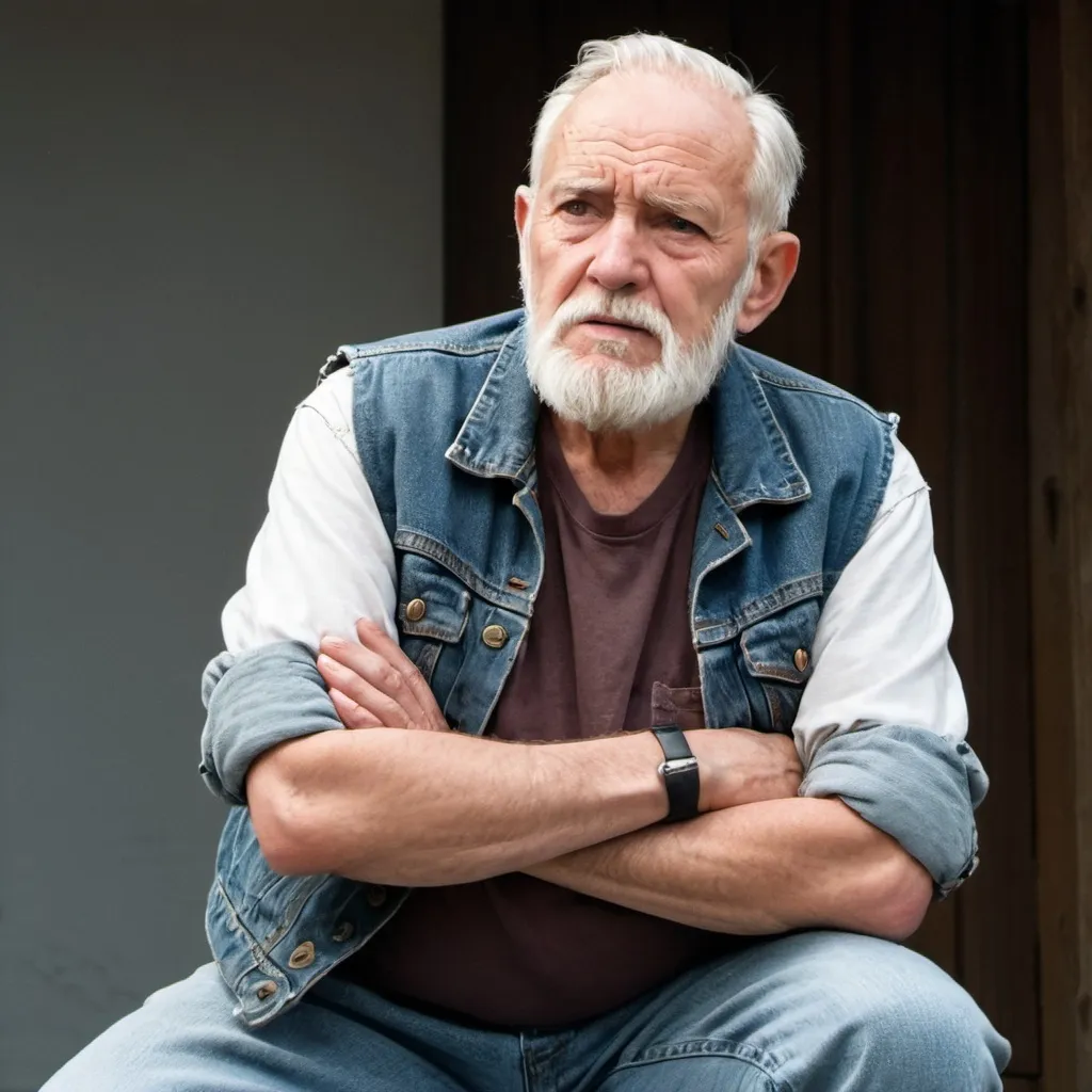 Prompt: old man with white beard in jean jacket vest standing with arms crossed loking tough in front of shadowed kneeling person

