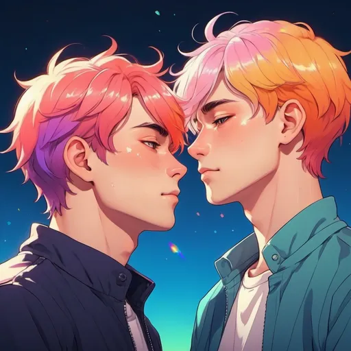 Prompt: gay couple, lofi, anime, matching profile pictures, glowy, vibrant, chromatic abberation, high definition, shiny hair,