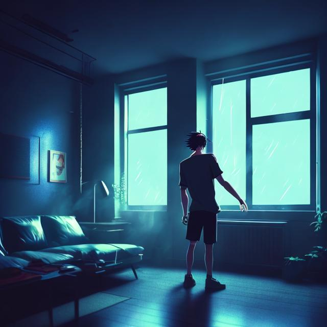 Prompt: aesthetic moody apartment room, 90s anime style, man smoking cigarette, rainy night, gay pride flag, smokey atmosphere, rays of light, moonlit, black censor over face