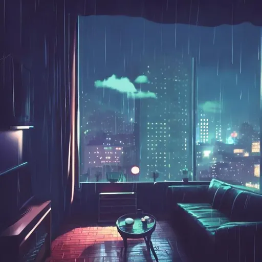 Prompt: aesthetic moody apartment room, 90s anime style, man smoking cigarette, rainy night, gay pride flag, smokey atmosphere, rays of light, moonlit