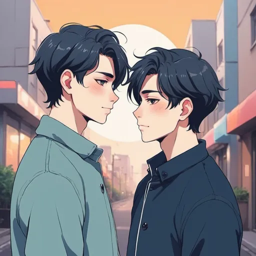 Prompt: gay couple, lofi, anime, matching profile pictures