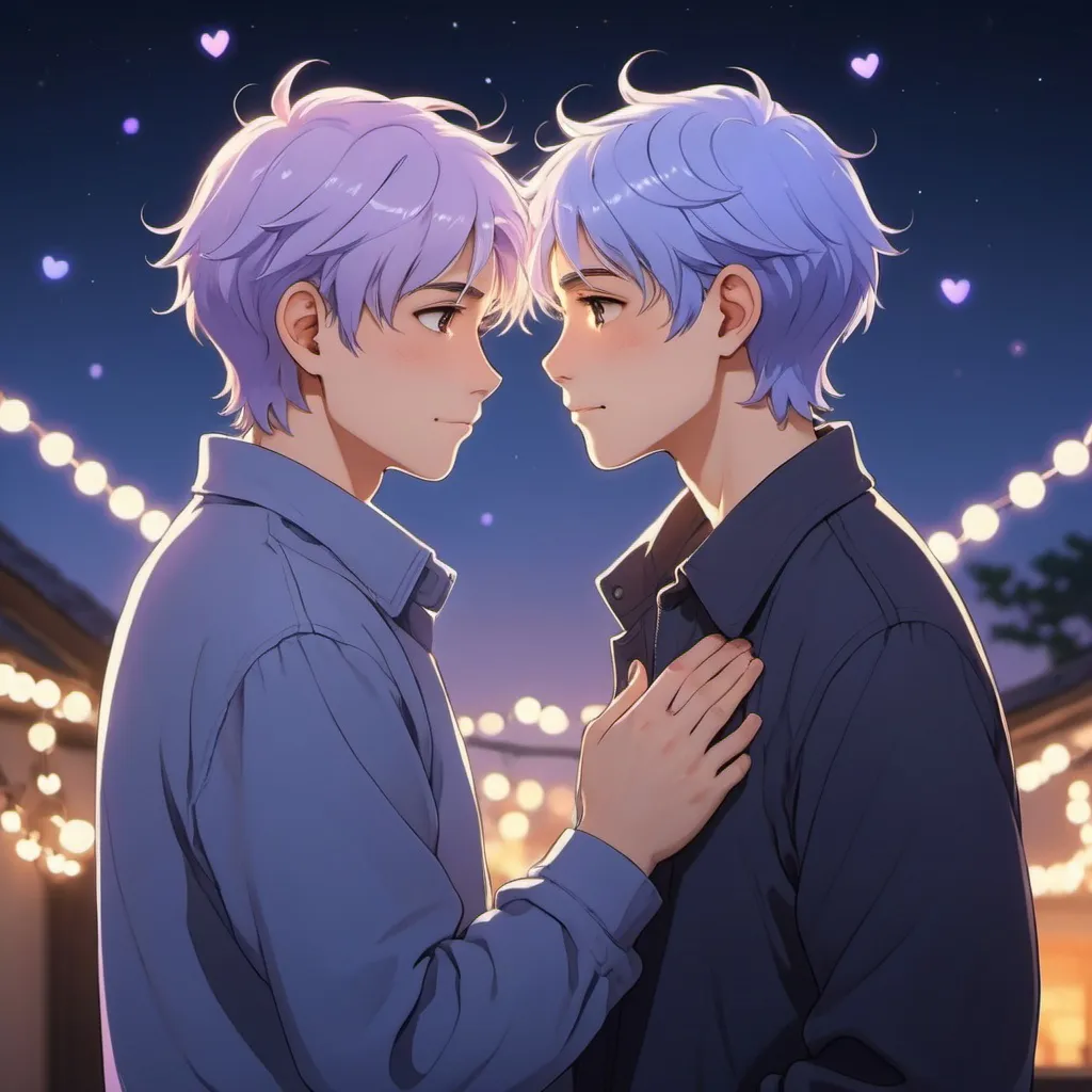 Prompt: gay couple, lofi, anime, matching profile pictures, glowy, chromatic abberation, high definition, shiny hair, ghibli, amazing shading, harsh shadows, indepth scenery, blushing, hugging, fairy lights, Ethereal, ambient light, glowing light on skin, backlight, periwinkle hair,