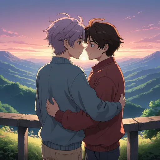 Prompt: gay couple, lofi, anime, matching profile pictures, glowy, chromatic abberation, high definition, shiny hair, ghibli, amazing shading, harsh shadows, indepth scenery, blushing, hugging