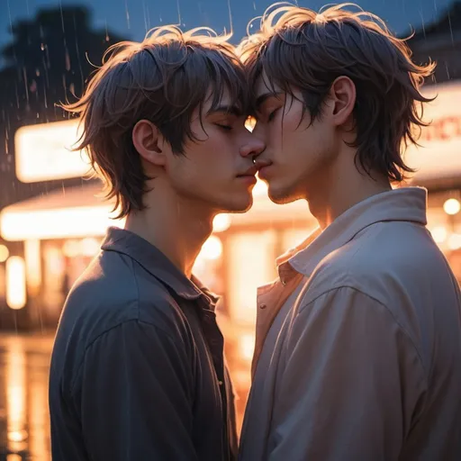 Prompt: gay couple, lofi, anime, matching profile pictures, glowy, chromatic abberation, high definition, shiny hair, ghibli, amazing shading, harsh shadows, indepth scenery, blushing, hugging, fairy lights, Ethereal, ambient light, glowing light on skin, backlight, raindrops on face, shiny skin, wet skin, daytime,glowing skin, sunlight going through skin, warm lighting, neon lights,