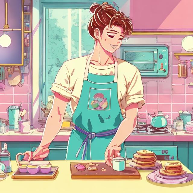 Prompt: 90s anime style illustration of a husband baking cookies, rainbow apron, pastel color scheme, cozy kitchen setting, detailed facial features, warm and nostalgic vibes, high quality, detailed linework, anime, 90s, rainbow apron, baking, cozy kitchen, warm color tones, nostalgic, detailed facial features, pastel colors, atmospheric lighting