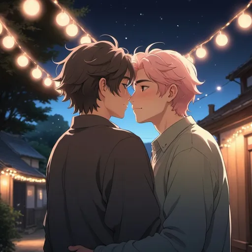 Prompt: gay couple, lofi, anime, matching profile pictures, glowy, chromatic abberation, high definition, shiny hair, ghibli, amazing shading, harsh shadows, indepth scenery, blushing, hugging, fairy lights, Ethereal, ambient light, glowing light on skin, backlight,