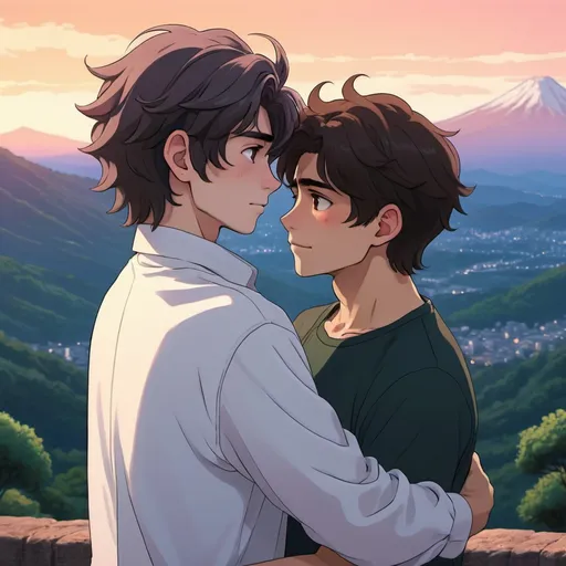 Prompt: gay couple, lofi, anime, matching profile pictures, glowy, chromatic abberation, high definition, shiny hair, ghibli, amazing shading, harsh shadows, indepth scenery, blushing, hugging, mexican man and white boy