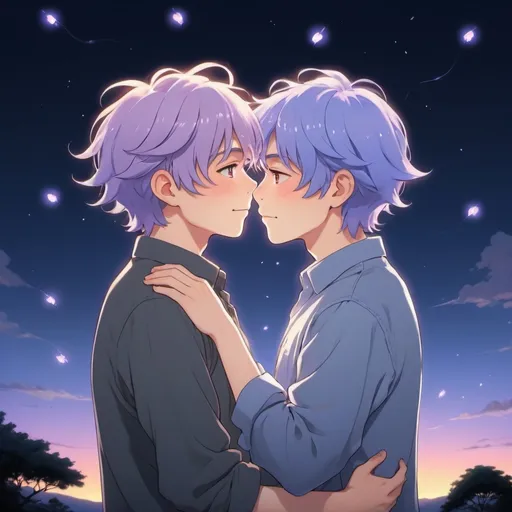 Prompt: gay couple, lofi, anime, matching profile pictures, glowy, chromatic abberation, high definition, shiny hair, ghibli, amazing shading, harsh shadows, indepth scenery, blushing, hugging, fairy lights, Ethereal, ambient light, glowing light on skin, backlight, periwinkle hair,