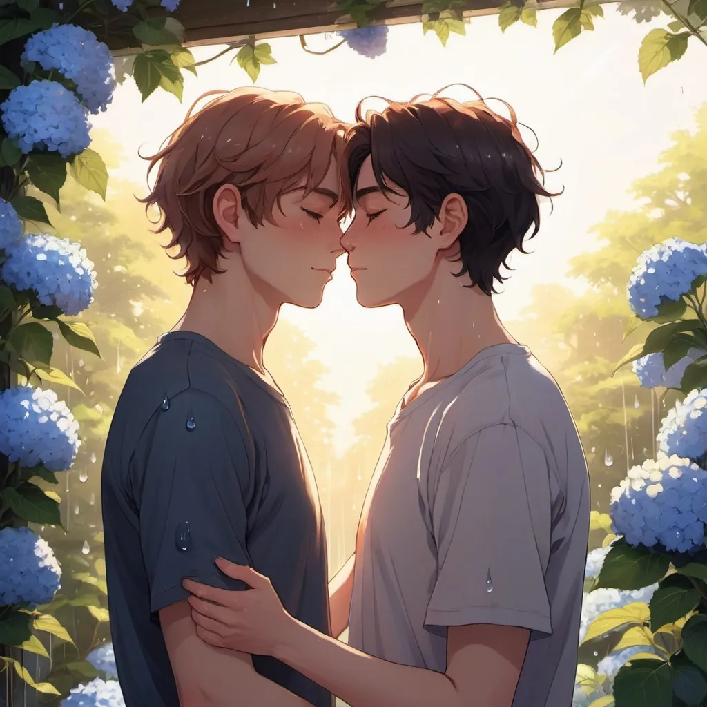 Prompt: gay couple, lofi, anime, matching profile pictures, glowy, chromatic abberation, high definition, shiny hair, ghibli, amazing shading, harsh shadows, indepth scenery, blushing, hugging, fairy lights, Ethereal, ambient light, glowing light on skin, backlight, raindrops on face, shiny skin, wet skin, daytime, hydrangeas, glowing skin, sunlight going through skin, warm lighting,
