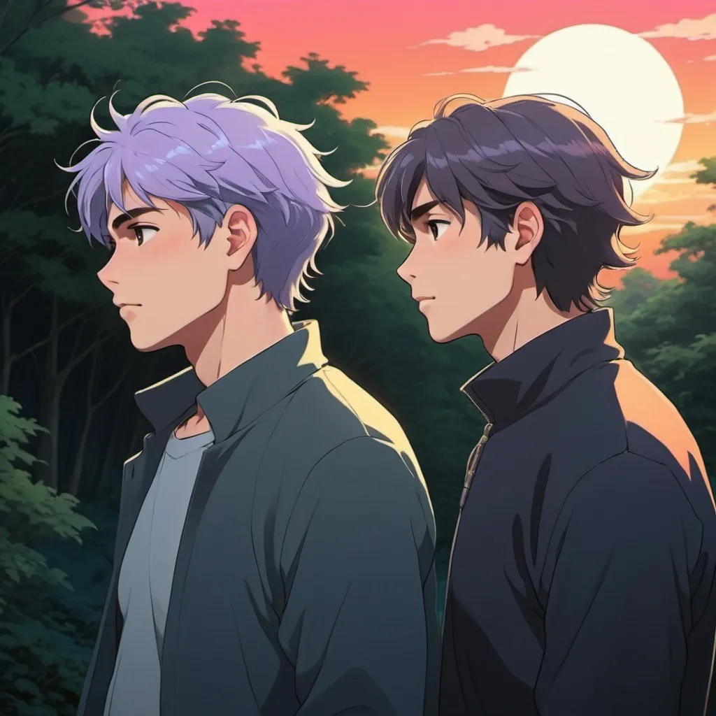 Prompt: gay couple, lofi, anime, matching profile pictures, glowy, chromatic abberation, high definition, shiny hair, ghibli, amazing shading, harsh shadows, indepth scenery