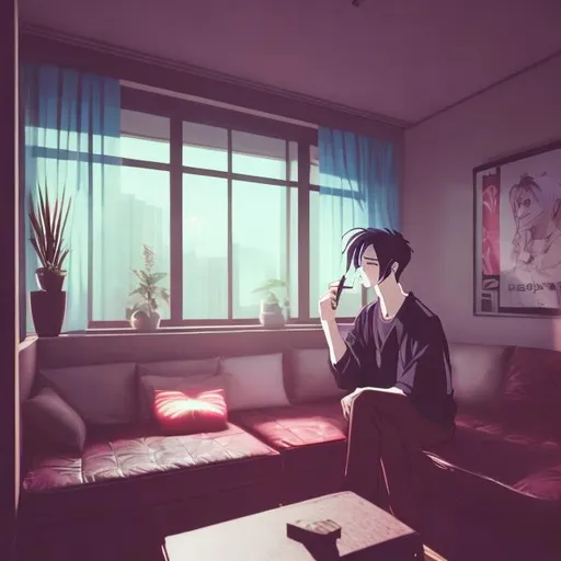 Prompt: aesthetic moody apartment room, 90s anime style, man smoking cigarette