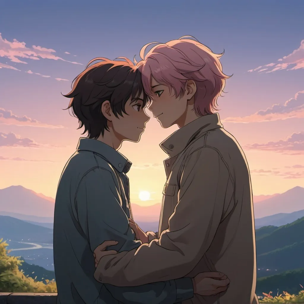 Prompt: gay couple, lofi, anime, matching profile pictures, glowy, chromatic abberation, high definition, shiny hair, ghibli, amazing shading, harsh shadows, indepth scenery, blushing, hugging