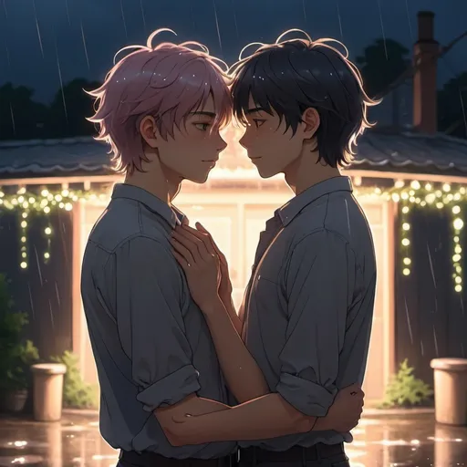 Prompt: gay couple, lofi, anime, matching profile pictures, glowy, chromatic abberation, high definition, shiny hair, ghibli, amazing shading, harsh shadows, indepth scenery, blushing, hugging, fairy lights, Ethereal, ambient light, glowing light on skin, backlight, raindrops on face, shiny skin, wet skin,