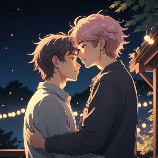 Prompt: gay couple, lofi, anime, matching profile pictures, glowy, chromatic abberation, high definition, shiny hair, ghibli, amazing shading, harsh shadows, indepth scenery, blushing, hugging, fairy lights, Ethereal, 