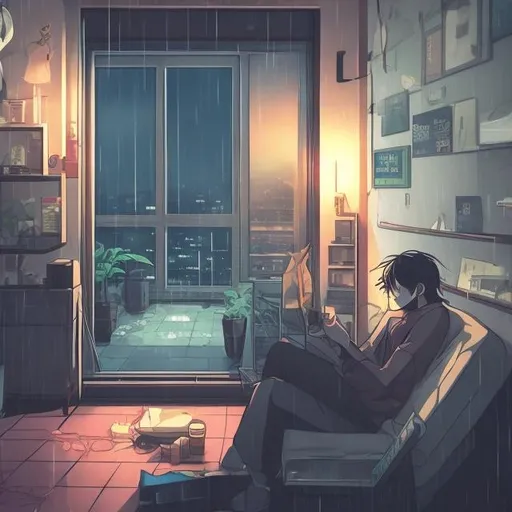 Prompt: aesthetic moody apartment room, 90s anime style, man smoking cigarette, rainy night, heroine on floor