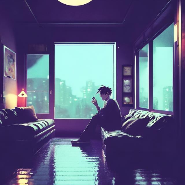 Prompt: aesthetic moody apartment room, 90s anime style, man smoking cigarette, rainy night