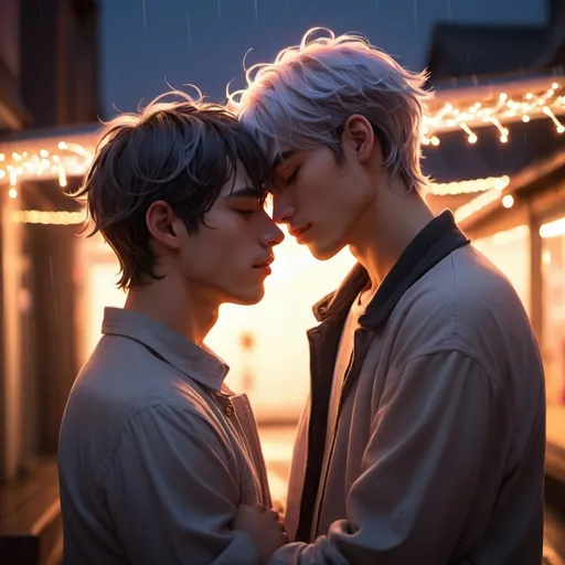 Prompt: gay couple, lofi, anime, matching profile pictures, glowy, chromatic abberation, high definition, shiny hair, ghibli, amazing shading, harsh shadows, indepth scenery, deeply blushing, hugging, fairy lights, Ethereal, ambient light, glowing light on skin, backlight, raindrops on face, shiny skin, wet skin, daytime,glowing skin, sunlight going through skin, warm lighting, neon lights, passionate, retro, silver cross,