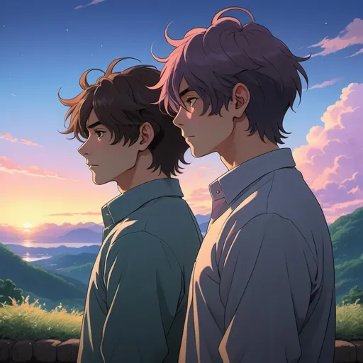 Prompt: gay couple, lofi, anime, matching profile pictures, glowy, chromatic abberation, high definition, shiny hair, ghibli, amazing shading, harsh shadows, indepth scenery