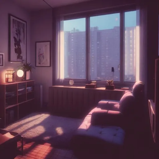 Prompt: aesthetic moody apartment room, 90s anime style, man smoking cigarette