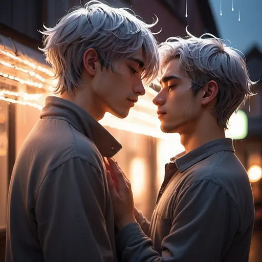 Prompt: gay couple, lofi, anime, matching profile pictures, glowy, chromatic abberation, high definition, shiny hair, ghibli, amazing shading, harsh shadows, indepth scenery, deeply blushing, hugging, fairy lights, Ethereal, ambient light, glowing light on skin, backlight, raindrops on face, shiny skin, wet skin, daytime,glowing skin, sunlight going through skin, warm lighting, neon lights, passionate, retro, silver cross,