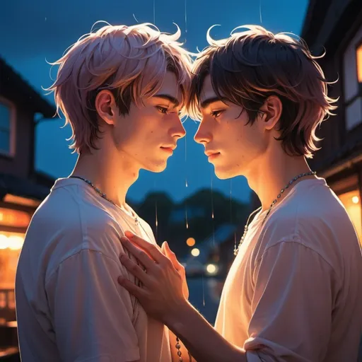 Prompt: gay couple, lofi, anime, matching profile pictures, glowy, chromatic abberation, high definition, shiny hair, ghibli, amazing shading, harsh shadows, indepth scenery, deeply blushing, hugging, fairy lights, Ethereal, ambient light, glowing light on skin, backlight, raindrops on face, shiny skin, wet skin, daytime,glowing skin, sunlight going through skin, warm lighting, neon lights, passionate, retro film, rosary,  