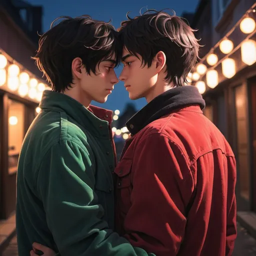 Prompt: gay couple, lofi, anime, matching profile pictures, glowy, chromatic abberation, high definition, shiny hair, ghibli, amazing shading, harsh shadows, indepth scenery, blushing, hugging, fairy lights, Ethereal, ambient light, glowing light on skin, backlight, man with black hair in red jacket, guy with dark brown hair in corduroy jacket,