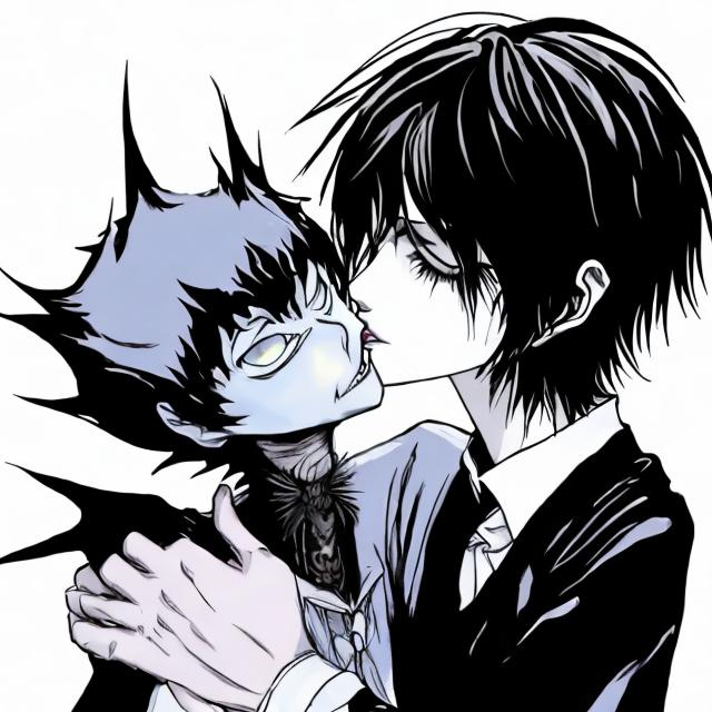 Prompt: Light Yagami kissing Ryuk