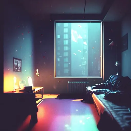 Prompt: aesthetic moody apartment room, 90s anime style, man smoking cigarette, rainy night, gay pride flag, smokey atmosphere, rays of light, moonlit, black censor over face