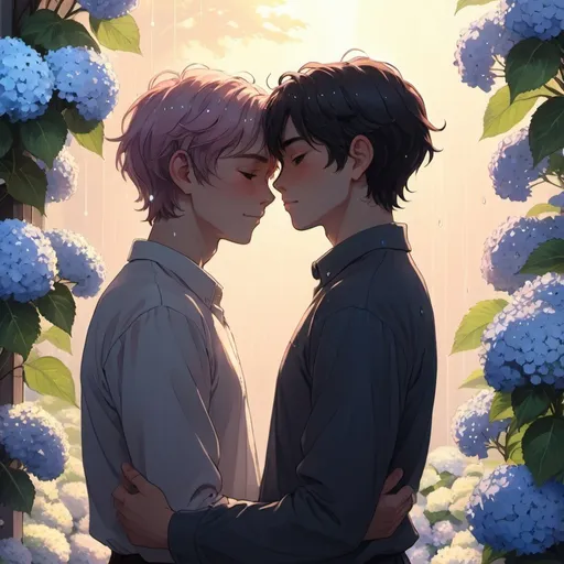 Prompt: gay couple, lofi, anime, matching profile pictures, glowy, chromatic abberation, high definition, shiny hair, ghibli, amazing shading, harsh shadows, indepth scenery, blushing, hugging, fairy lights, Ethereal, ambient light, glowing light on skin, backlight, raindrops on face, shiny skin, wet skin, daytime, hydrangeas, glowing skin,