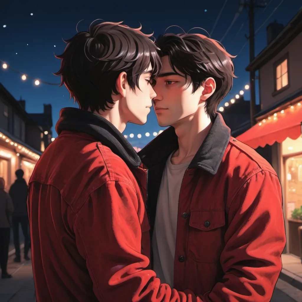 Prompt: gay couple, lofi, anime, matching profile pictures, glowy, chromatic abberation, high definition, shiny hair, ghibli, amazing shading, harsh shadows, indepth scenery, blushing, hugging, fairy lights, Ethereal, ambient light, glowing light on skin, backlight, man with black hair in red jacket, guy with dark brown hair in corduroy jacket,