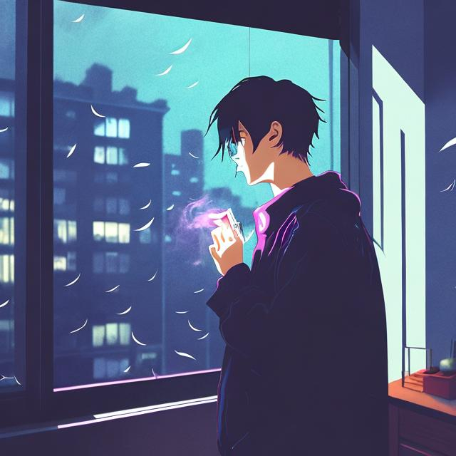 Prompt: aesthetic moody apartment room, 90s anime style, man smoking cigarette, rainy night, gay pride flag, smokey atmosphere, rays of light, moonlit